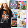 A collage of decorative items and clothing painted with colorful designs using acryclic markers.
