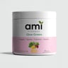 Jar of Ami Fitness Glow Greens mango flavor supplement powder with collagen, vegetables, probiotics, and vitamins.