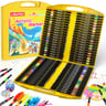 Yellow case of LIGUTEC acrylic markers with brush tips, open to display organized rows of markers in various colors.