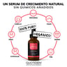 Aceite de ricino orgánico certificado, frasco marrón con etiqueta roja, rodeado de iconos de cuidado personal.