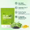 Aceite de orégano 6000 mg con semilla negra 200 mg, 300 cápsulas blandas en bolsa verde con información nutricional y vegetal.