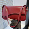 Red leather crossbody bag with gold hardware and front flap, held by gloved hand.