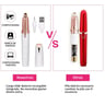 Electric eyebrow trimmer with USB charger and detachable head next to another trimmer with AAA battery and case.