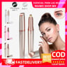 Electric eyebrow trimmer with rose gold and white color options, USB charging cable and brush included.
