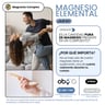 Magnesio Complex 5 OBY supplement facts graphic with man and woman on couch and hand holding spoon with white powder.
