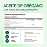 Aceite de orégano con aceite de semilla negra etiqueta de información suplementaria con cantidades por porción.