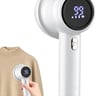 Portable fabric shaver with digital display and gold accents, shown next to a sweater with pilling.