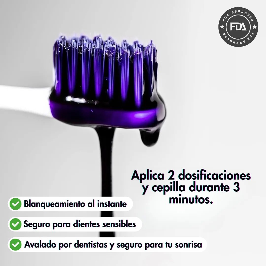 Cepillo de dientes con pasta dental morada contra un fondo claro con logotipo de aprobación de la FDA.