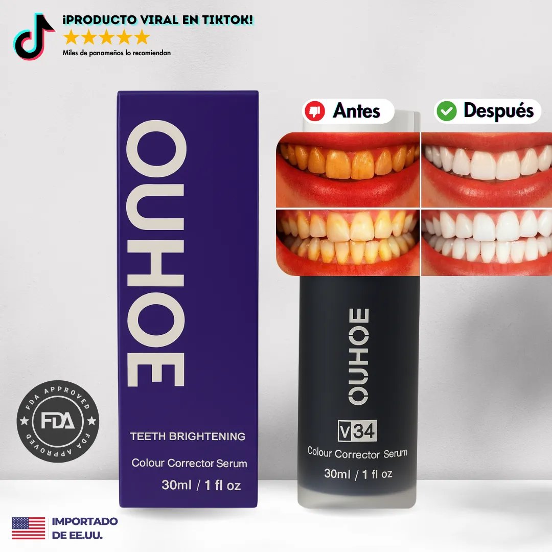 Teeth whitening product packaging and before and after results.