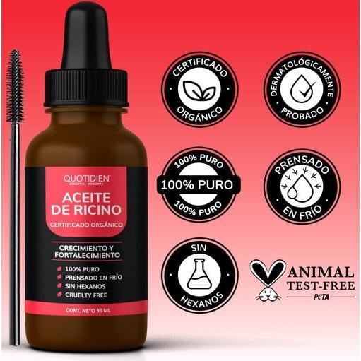 Botella de vidrio ámbar con gotero y pincel, etiqueta roja y negra con texto en español, sobre fondo rojo degradado con sellos de certificación orgánica, prueba dermatológica, prensado en frío y libre de crueldad animal.