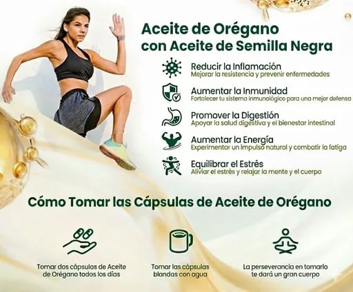 Aceite de orégano con semilla negra suplemento en cápsulas para inmunidad y salud digestiva.