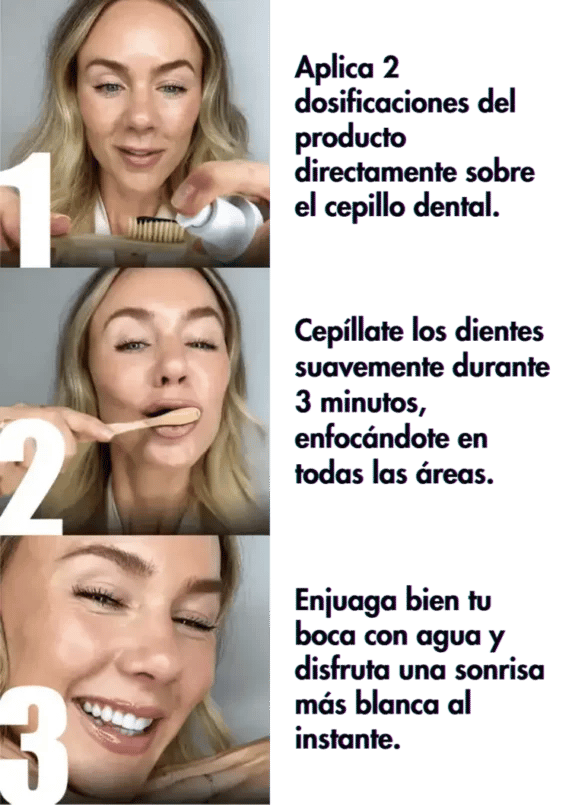 Mujer aplicando producto de blanqueamiento dental en su cepillo, cepillando sus dientes y sonriendo con dientes blancos.