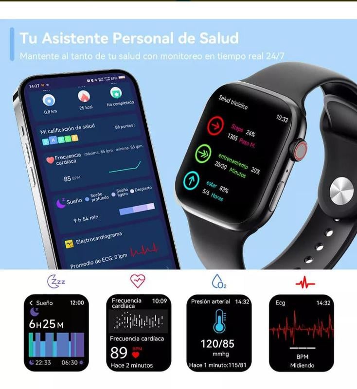 Reloj inteligente negro con indicadores de salud en la pantalla, junto a un teléfono inteligente que muestra una aplicación de salud, sobre fondo azul claro.
