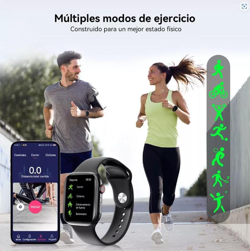Man and woman jogging with smartwatch on wrist and smartphone and smartwatch on gray surface.