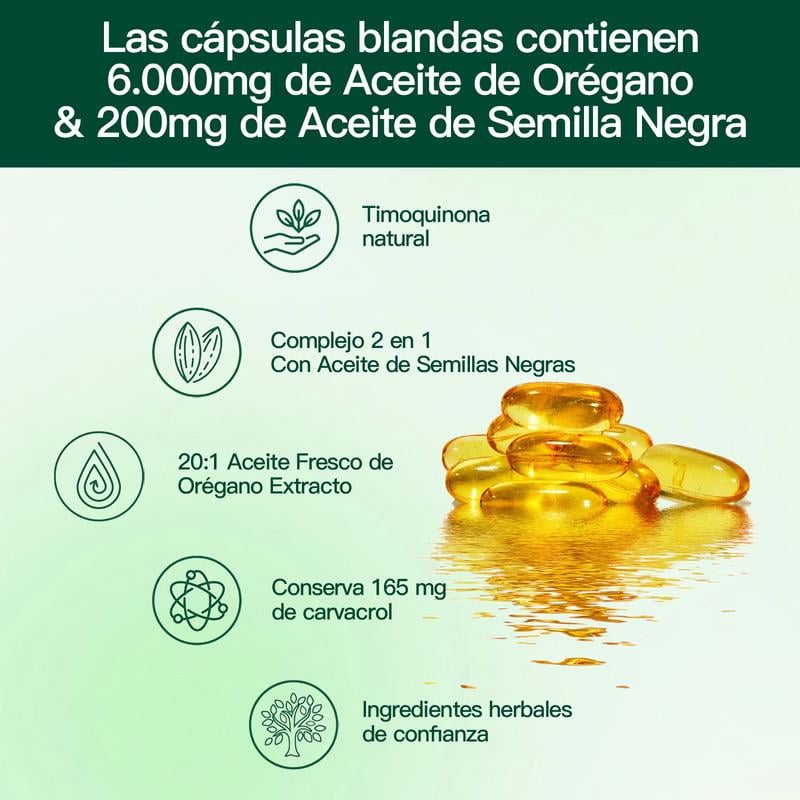 Capsulas de aceite de oregano con aceite de semilla negra con iconos de beneficios nutricionales reflejados en superficie brillante.