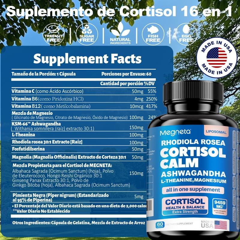 Close-up of bottle and label for Cortisol Calm supplement featuring a blue label and white text.