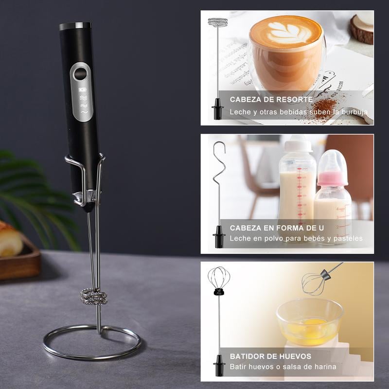Espumador de leche multifuncional recargable con múltiples accesorios para batir bebidas y alimentos.