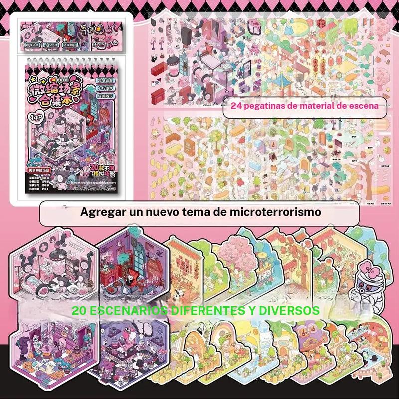 Colección de álbumes de escenas en miniatura 3D DIY con pinzas, 20 escenarios y 24 pegatinas de material de escena.