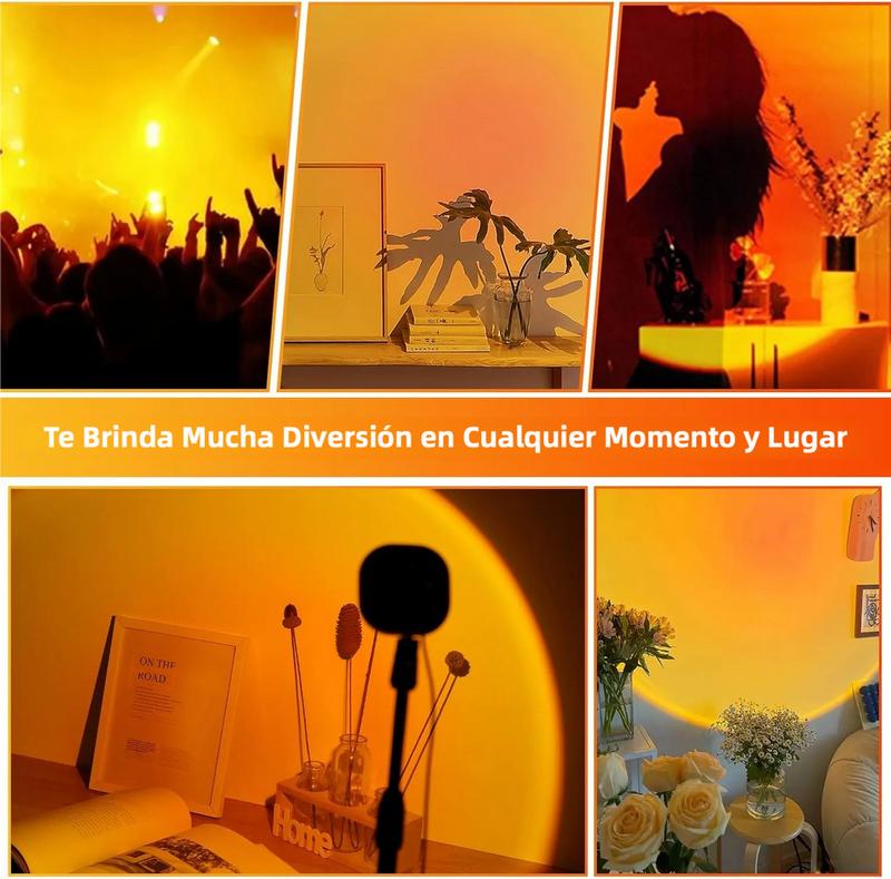 Lámpara LED Proyectora RGB Ajustable con Control Remoto proyectando luces de colores en diferentes entornos, incluyendo una fiesta, un escritorio con decoraciones, un ambiente de lectura y un espacio con flores.