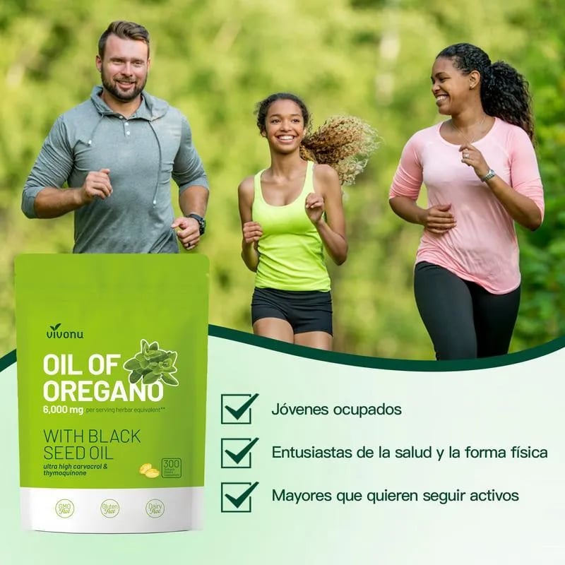 Aceite de orégano con aceite de semilla negra 300 cápsulas etiqueta verde y blanca con personas corriendo en el fondo