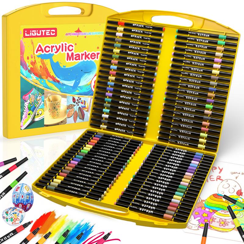 Yellow case of LIGUTEC acrylic markers with brush tips, open to display organized rows of markers in various colors.