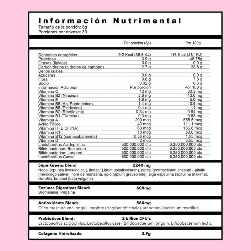 Nutritional information label for Ami Fitness Glow Greens powder with collagen, listing macronutrients, vitamins, and ingredients.