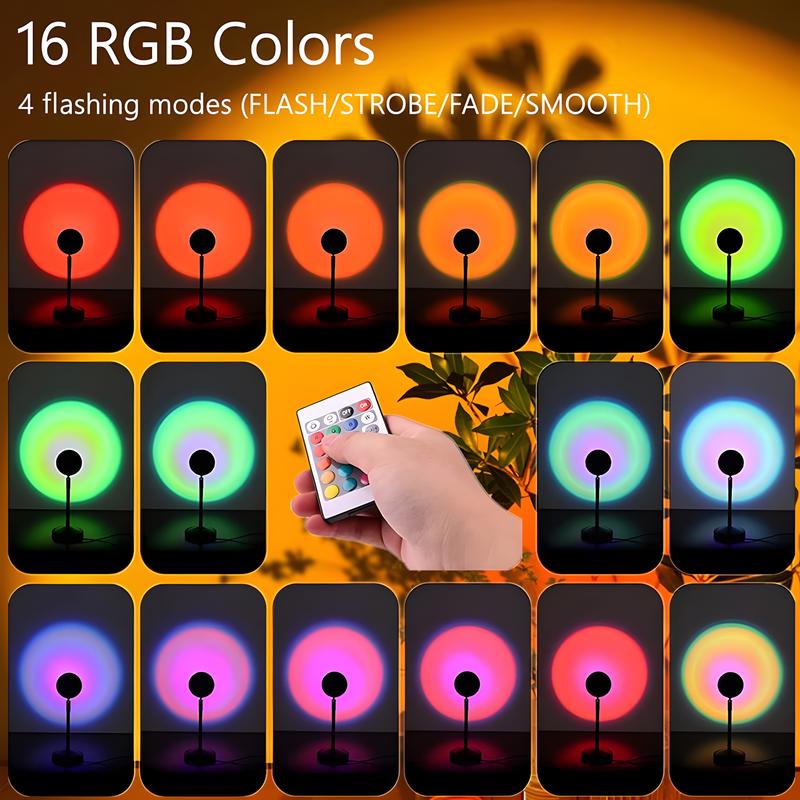 Lámpara LED proyectora RGB ajustable con control remoto mostrando 16 colores y modos de destello en un fondo naranja con un control remoto en mano.