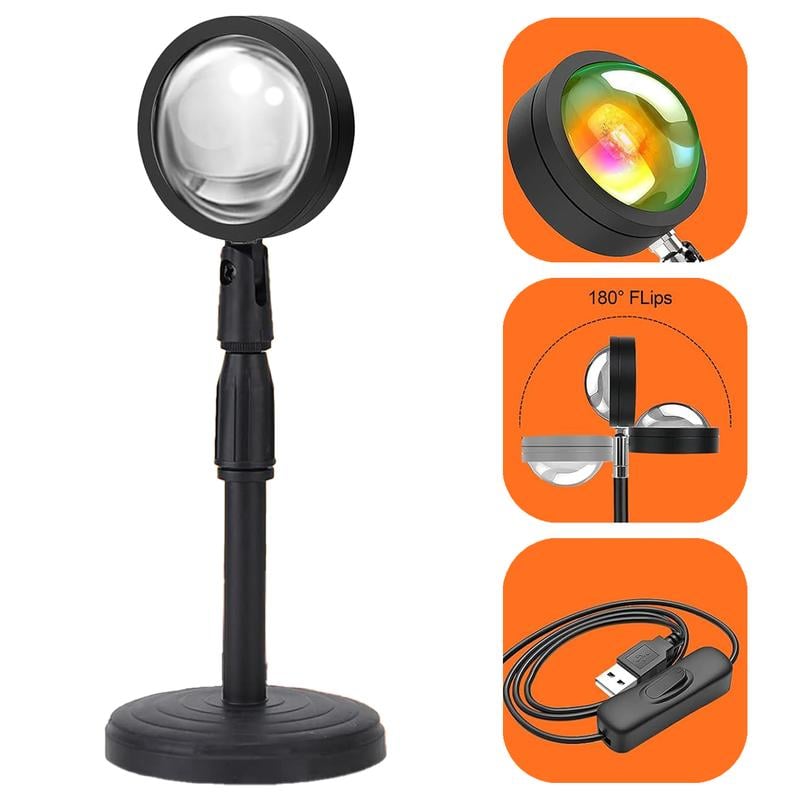 Lámpara LED proyectora RGB ajustable con control remoto, vista general y detalles de diseño.