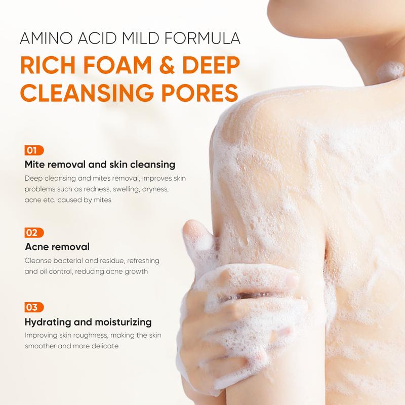 Person washing back with soap, suds covering skin, promoting rich foam and deep cleansing pores.