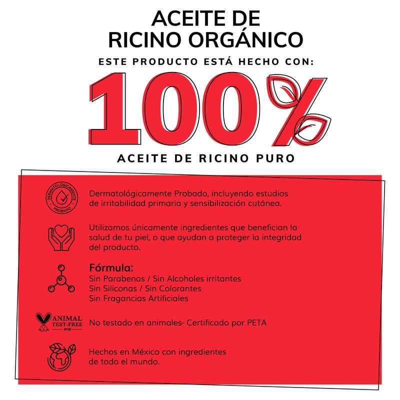 Aceite de ricino orgánico certificado, 100% puro, prensado en frío, sin parabenos, sin alcoholes irritantes, sin siliconas, sin colorantes, sin fragancias artificiales.