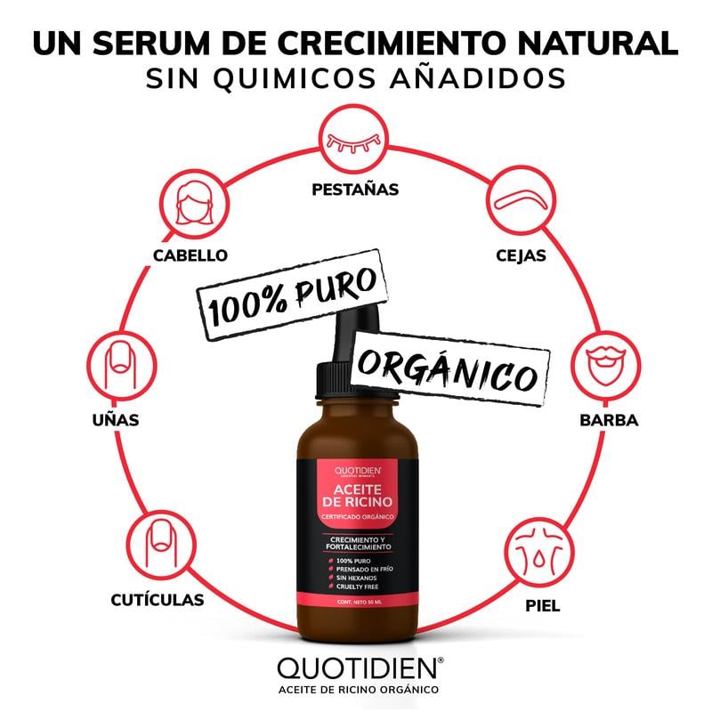Aceite de ricino orgánico certificado, frasco marrón con etiqueta roja, rodeado de iconos de cuidado personal.