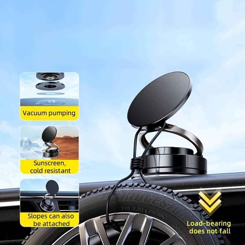 Vacuum suction car phone mount with foldable arm on a vehicle dashboard