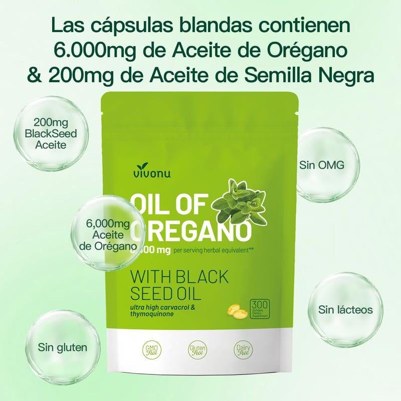 Aceite de orégano y aceite de semilla negra en cápsulas blandas Vivonu, con información de dosificación en burbujas de texto sobre fondo verde claro.