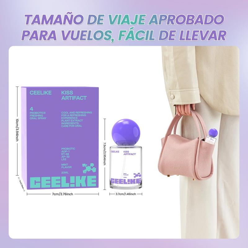 CEELIKE Kiss Artifact Spray Oral Refrescante packaging and bottle with purple and teal design next to pink purse and beige clothing.
