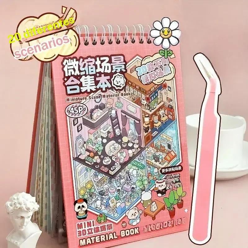 Miniature 3D scene material book with pink cover and illustrations, accompanied by a pink tool and displayed on a pink background with a white cup and small bust.