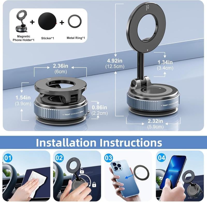 Vacuum suction phone mount with foldable arm, magnetic base, metal ring and sticker.