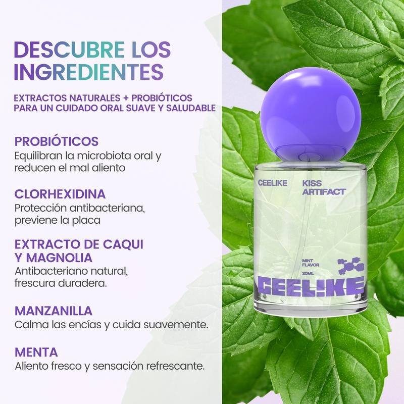 CEELIKE Kiss Artifact Spray Oral Refrescante bottle on green leaves background with purple cap and clear glass body