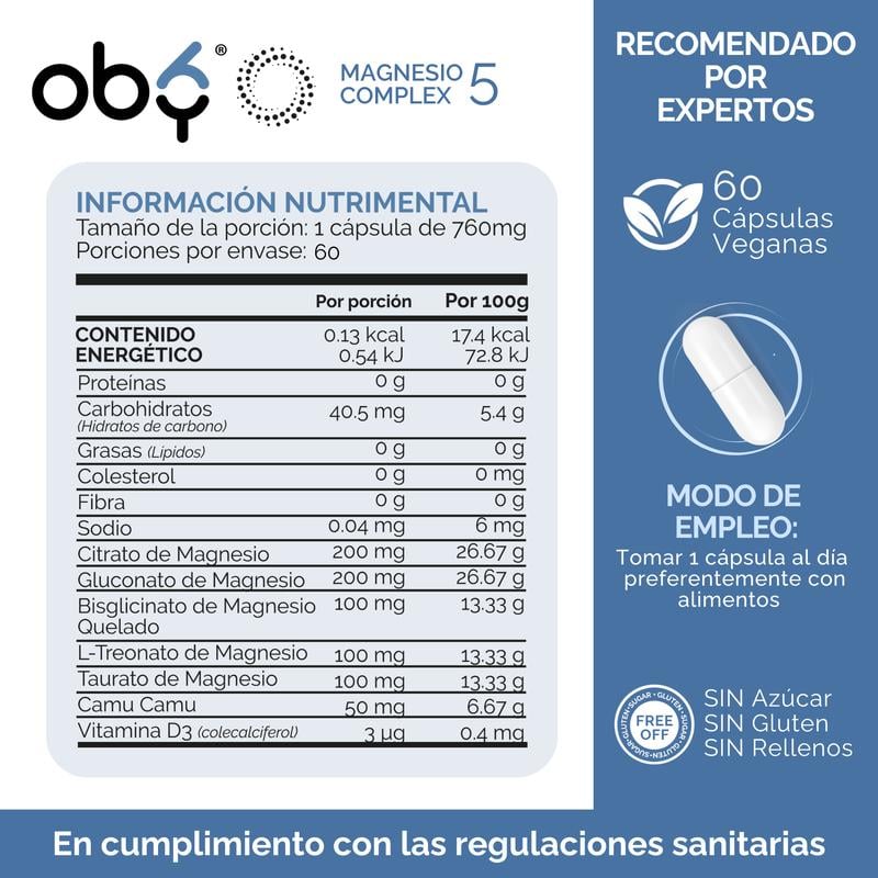 Magnesio Complex 5 nutritional information table with supplement facts including magnesium forms and vegan capsule details.