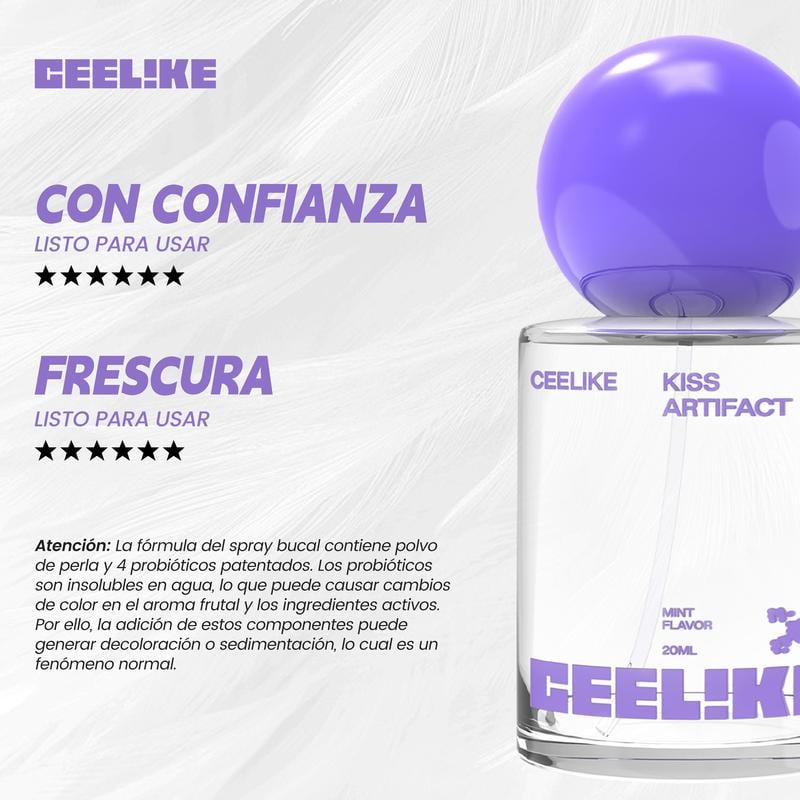 CEELIKE Kiss Artifact Spray Oral Refrescante bottle with purple cap and label on white background.