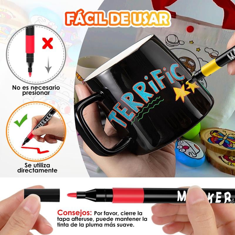 Marcadores acrílicos con punta de pincel, mano sosteniendo taza decorada con texto colorido.