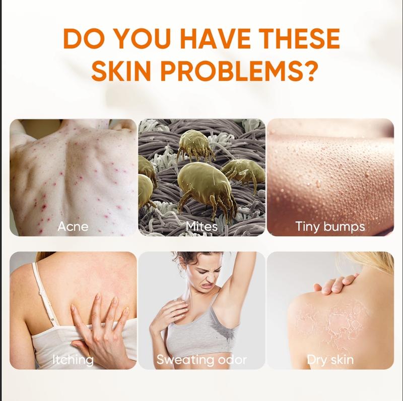 Acne, mites, and tiny bumps on skin, itching, sweating odor, dry skin issues.