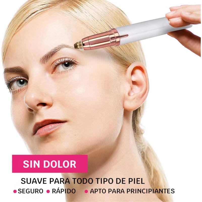 Woman using electric eyebrow trimmer on her eyebrow.