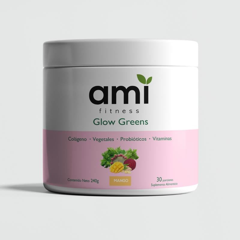 Jar of Ami Fitness Glow Greens mango flavor supplement powder with collagen, vegetables, probiotics, and vitamins.