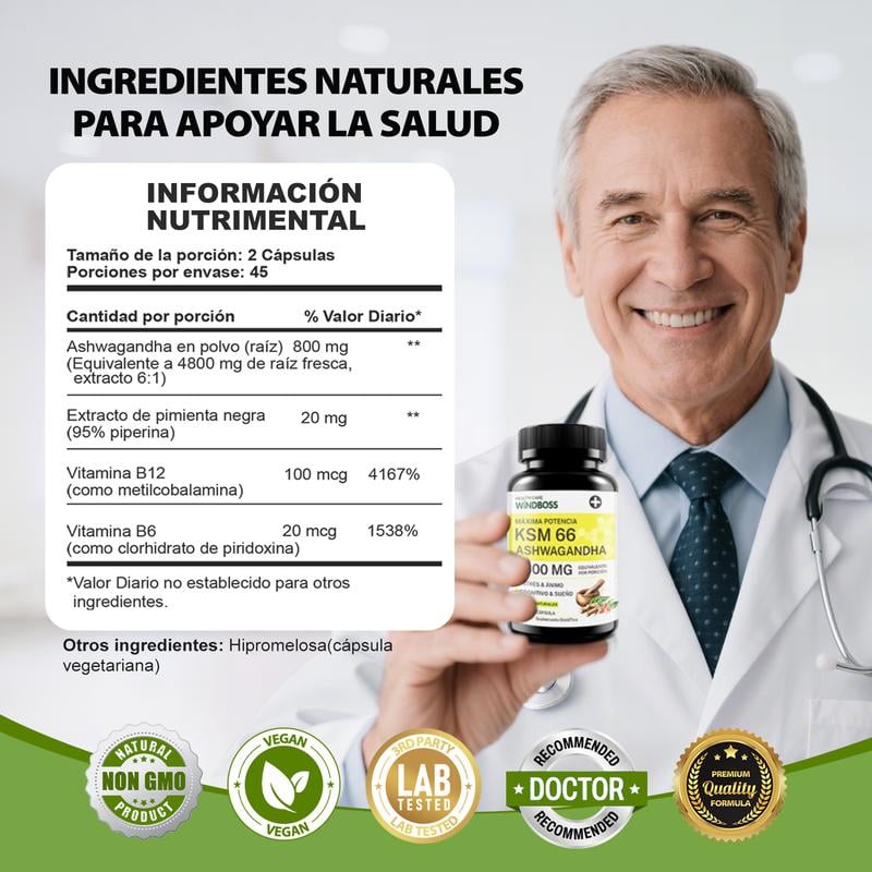 Supplement facts for Windboss KSM-66 Ashwagandha capsules, with a doctor holding the product.