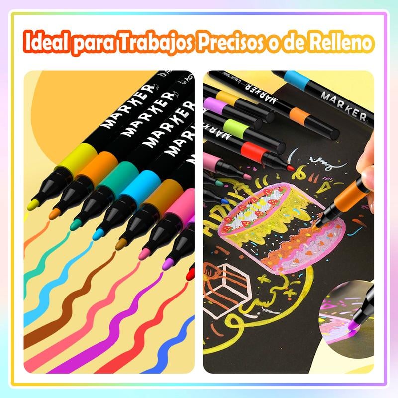 Marcadores acrílicos de punta de pincel en colores variados sobre fondo claro y oscuro con trazos de colores.