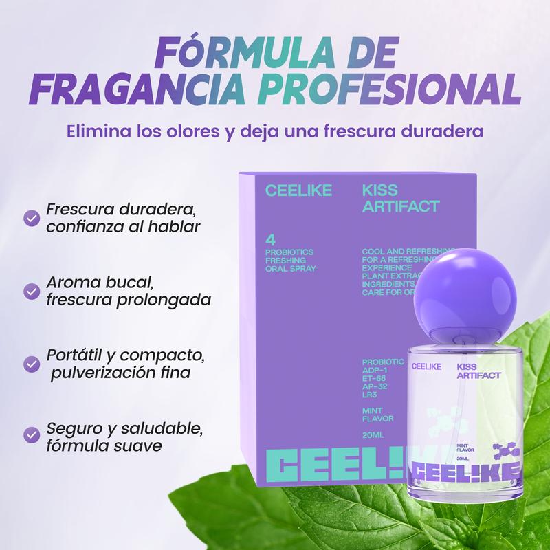 ceelike kiss artifact spray oral refrescante purple bottle on green leaves background