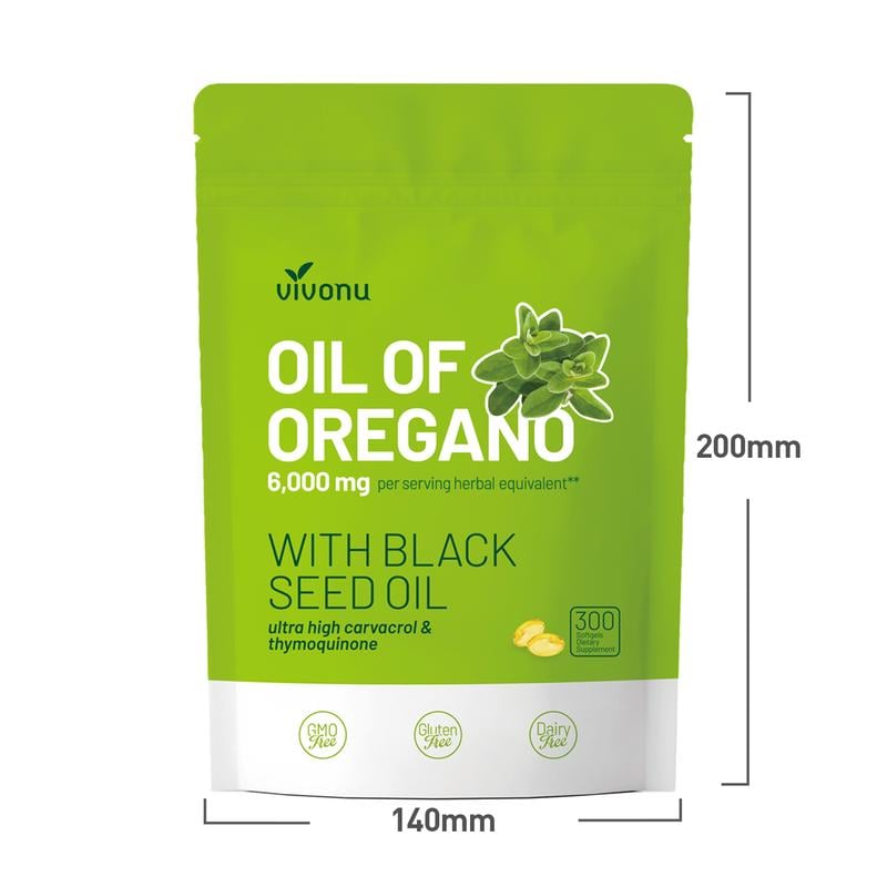 Vivonu oil of oregano with black seed oil supplement packaging showing dimensions 140mm x 200mm.