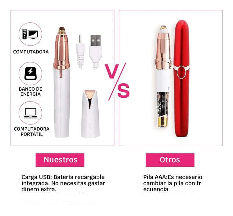 Electric eyebrow trimmer with USB charger and detachable head next to another trimmer with AAA battery and case.