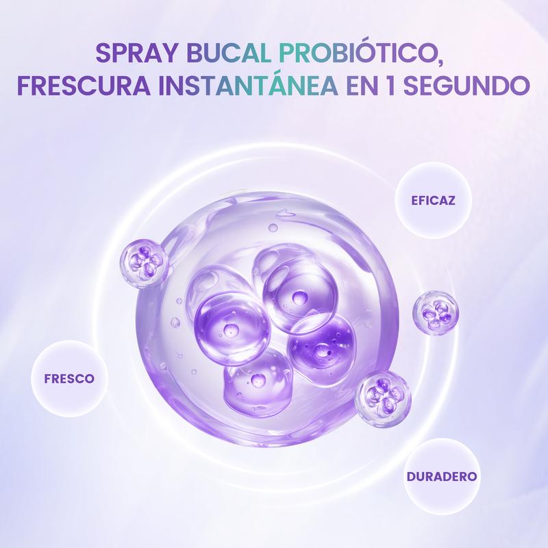 Clear purple spray bottle with spheres and text in Spanish describing oral refresher product.