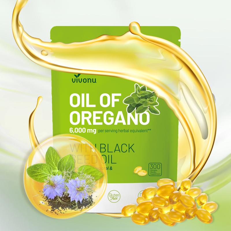 Oil of oregano and black seed oil supplement packaging with capsules and herbal ingredients.